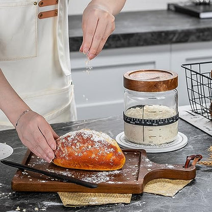 Wissy&Konny Sourdough Starter Jar 35OZ with Ounce Scale Line,Date Marked Feeding Band, Thermometer, Sourdough Jar Scraper, Cloth Cover & Wood Lid, Wide Mouth for Sourdough Bread Baking - color: Wood Lids-1 Pack