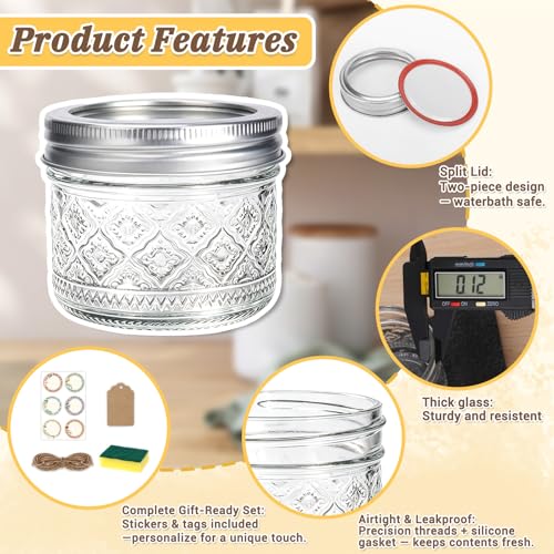 STARSIDE Mini Glass Mason Jars 4oz 24-Pack with Airtight Split Lids | Embossed Small Canning Jars for Jams, Jelly, Honey, Snacks, Spices, DIY Gifts & Wedding Favors - color: Clear05-4oz
