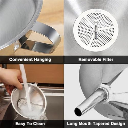 Stainless Steel Funnels for Kitchen use,4PCS Kitchen Metal Funnel with 2 Removable Strainer,Cleaning Brush.Funnel for Filling Bottles,for Transferring of Liquid,Oils,Jam (5.1",3",2.2",1.8") - size: Funnel set of 4