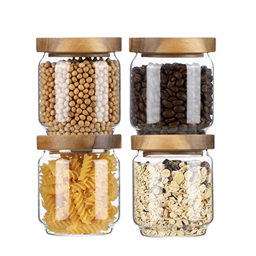 15 OZ Glass Jars with Airtight Acacia Wood Lids, 4 PCS | Kitchen Storage Container, High Borosilicate Glass Canisters for Tea, Sugar, Coffee Beans