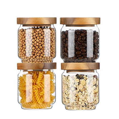 15 OZ Glass Jars with Airtight Acacia Wood Lids, 4 PCS | Kitchen Storage Container, High Borosilicate Glass Canisters for Tea, Sugar, Coffee Beans