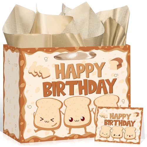 귀여운 빵 생일 선물 가방 만화 토스트 베이커리 테마 생일 포장지 선물 가방 인사말 카드 포함 어린이 성인 베이커리 Bday 베이비 샤워 파티 선물 교실 학교 졸업 장식 - color: 토스트 브레드