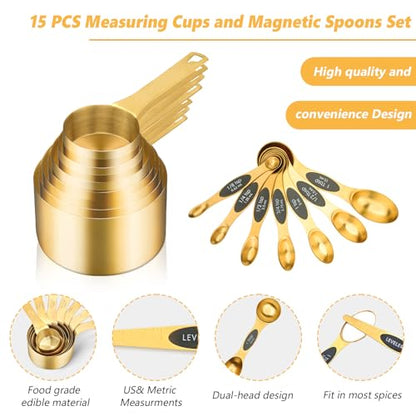 Magnetic Measuring Cups & Spoons Set for Cooking, 15pcs | 7 Gold Measuring Cups, 7 Double-Sided Measuring Spoons & 1 Leveler, Gold Baking Kitchen Gadgets for Dry & Liquid Ingredients