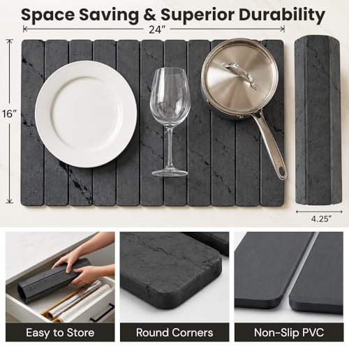 Stone Dish Drying Mat for Kitchen Counter Large Quick Dry Diatomaceous Earth Stone Drying Mat Foldable Water Absorbent Dish Drying Mat for Dishes Cups Bottles Kitchen Sink Countertop (Grey Marble) - color: Gray Marble
