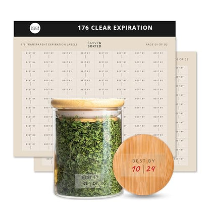 Clear Expiration Date Labels, 176 Waterproof Food Labels for Pantry Containers, Kitchen Freshness, Use by Meal Prep Best Write On Stickers - style: Clear Expiration Labels