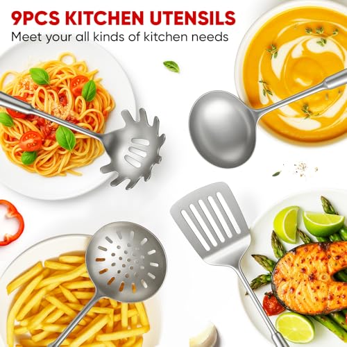 Newness 9 Pcs Cooking Utensils Set, 304 Stainless Steel Kitchen Utensils Set, Metal Kitchen Accessories, Include Soup Ladle, Slotted Skimmer Spoon, Spaghetti Spoon and Spatula, Dishwasher Safe (Short) - size: Small 9 PCS Cooking Utensils Set