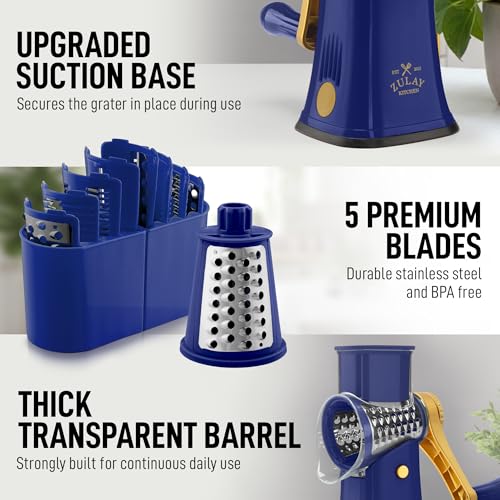 Zulay Kitchen Rotary Cheese Grater 5 Blade Cheese Shredder - Manual Hand Crank Cheese Grater With Reinforced Suction & 5 Interchangeable Drums - Easy to Use, Vegetable Chopper Round Mandoline Slicer - color: Blue and Gold