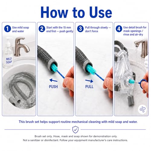 CPAP Cleaning Brush Set, 78.7 in Dual-Ended CPAP Hose Brush for 22 mm & 15 mm Tubing, Tube Cleaning Brush & Hose Cleaner Brush with Detail Brush for Mask - color: White