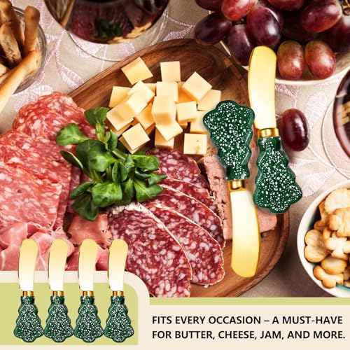 Christmas Tree Spreader Knife Set, Gold Stainless Steel Butter Knives, Holiday Serving Utensils for Cheese Jam, Gift for Home Bakers, 4-Piece - color: Green