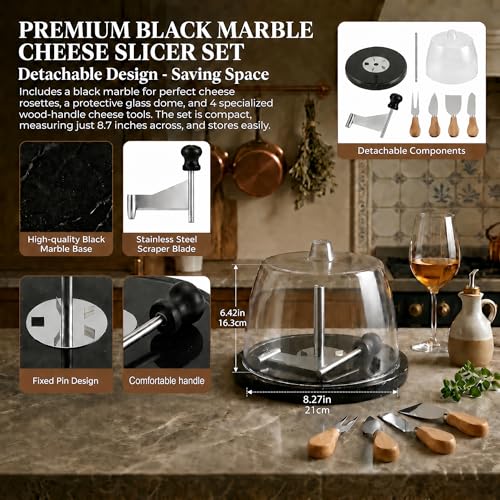 Marble Cheese Curler & Cheese Flower Cutter – Sharp Stainless Steel Blade with Dust Cover & Knife Set for Cheese Flowers, Wheels & Appetizers | Easy to Use & Clean | Gift for Entertaining - color: Marble Base - Black
