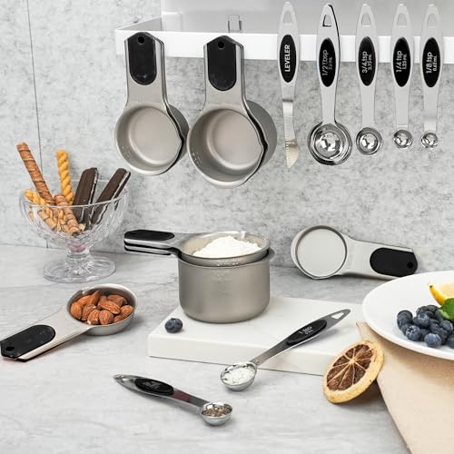 Measuring Cups and Spoons Set,304 Stainless Steel 5 Magnetic Measuring Cups and 8 Sigle Sided Measuring Spoons with 1 Leveler,Kitchen Gadgets for Cooking & Baking - color: Black-Single Side