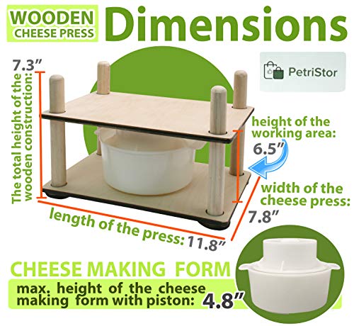 Wooden Cheese Press for Cheese Making Supplies 12 in Wooden Guides and Cheese Mold with Follower Piston 1.3 Qt - Small Home Supply Ultimate Cheese Press Machine - Prensa Para Queso Casero