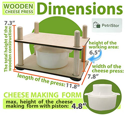 Wooden Cheese Press for Cheese Making Supplies 12 in Wooden Guides and Cheese Mold with Follower Piston 1.3 Qt - Small Home Supply Ultimate Cheese Press Machine - Prensa Para Queso Casero