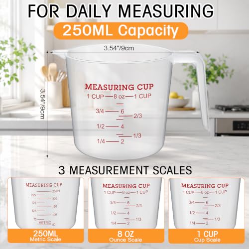 Fabbay 24 Pcs 1 Cup Capacity Plastic Measuring Cup 8 Oz Clear Graduated Measurement Cups with Spout and Handles Ounce and ml Marking for Recipe Ingredient Flour Liquid Baking Cooking Mixing(Red) - color: Red, size: 8 oz