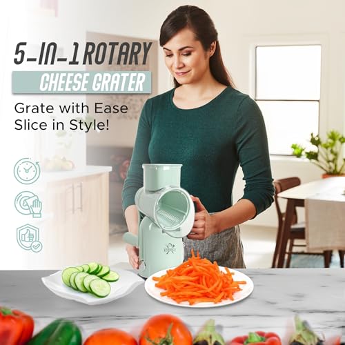 Rotary Cheese Grater Hand Crank, 5 in 1 Vegetable Slicer, Manual Cheese Shredder with Stainless Steel Blades, Food Grater for Cheese Vegetables Nuts, Suction Base, Easy Clean, Green - color: Green
