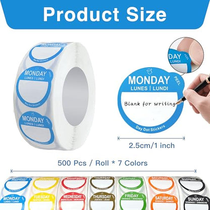 Day Dots Food Labels, 1 Inch 7000 Pcs Removable Date Stickers for Food, 7 Rolls Wmiwulien Day Labels for Restaurant Kitchen Containers, Self Adhesive Day Dot Sticker - color: Day Dots Food Labels