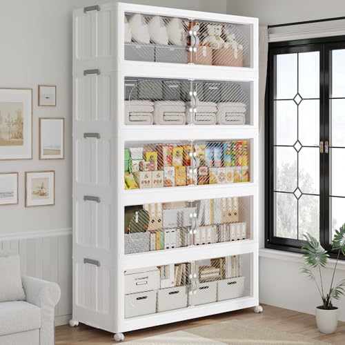 300QT Extra Large Stackable Storage Bins with Lid & Wheels & Doors, 75Gal Foldable Collapsible Closet Organizers, Plastic Cabinet Box Container Drawer for Home Kitchen Bedroom, 5Pack White - color: White, size: 60QT-5Pack