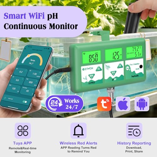 pH Monitor Hydroponic Continuous 7 in 1 EC pH TDS CF ORP Monitor | WiFi Continuous Monitoring pH EC PPM Humidity Temp Meter of Aquaponic, DWC Hydroponic System, Aeroponic Garden