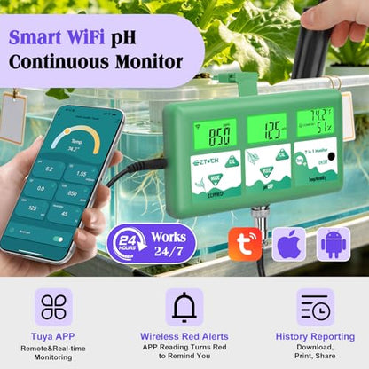 pH Monitor Hydroponic Continuous 7 in 1 EC pH TDS CF ORP Monitor | WiFi Continuous Monitoring pH EC PPM Humidity Temp Meter of Aquaponic, DWC Hydroponic System, Aeroponic Garden