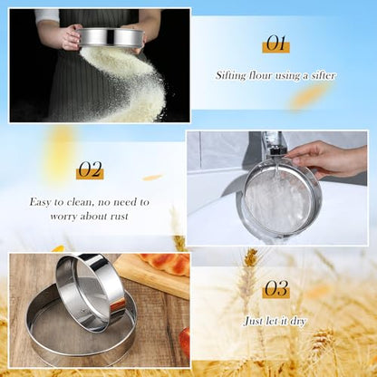Patelai 2 Pcs Stainless Steel Round Flour Sifter Sieve Fine Mesh for Bake Decorate Cakes, Pies, Pastries, Cupcakes (6 Inch 60 Mesh,8 Inch 40 Mesh) - size: 6 Inch 60 Mesh,8 Inch 40 Mesh
