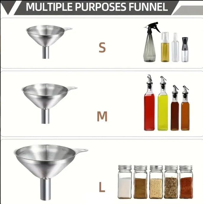 3 Pack Stainless Steel Funnels Set - Large & Small Food Grade Mini Metal Kitchen Funnels for Transferring Essential Oils, Liquids, Fluids, and Filling Bottles or Flasks，Silver