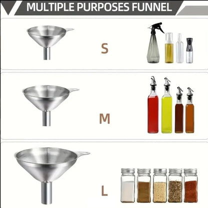 3 Pack Stainless Steel Funnels Set - Large & Small Food Grade Mini Metal Kitchen Funnels for Transferring Essential Oils, Liquids, Fluids, and Filling Bottles or Flasks，Silver