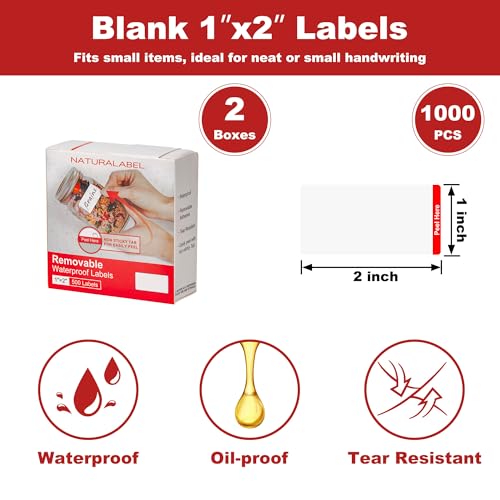 NATURALABEL 1000 PCS Blank Removable Freezer Labels with Dispenser - 1" x 2" Food Labels for Meal Prep Containers, Easy Peel-Off Design, No Residue - style: 2 Box (1,000 Labels)