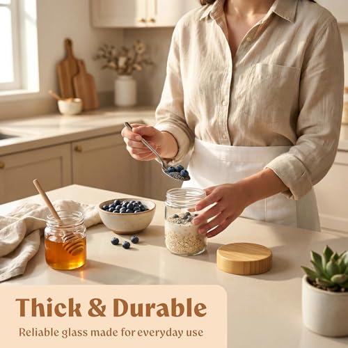 EDELHAUS Overnight Oats Containers with Lids Bamboo (4 x 16oz) Glass Jars for Oatmeal, Meal Prep, Food Storage | Leak-Proof Mason Jars for Oats, Cereal, Yogurt, Chia Pudding [Thicker Glass 3mm] - color: Bamboo Lid no Spoons