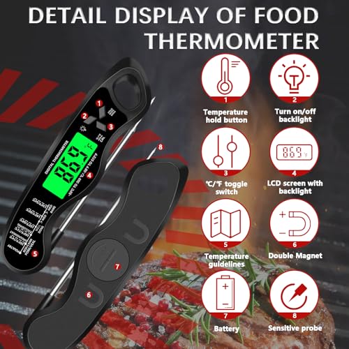 Meat Thermometer Digital，IP67 Waterproof Cooking Thermometer with Backlight, Calibration & Hold Function，Food Thermometer for Cooking,Outdoor Grilling - color: Black