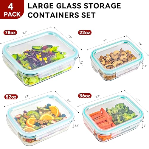 GEHE 4 Pack Large Glass Storage Containers with Airtight Lids, 78/52/36/22oz Glass Meal Prep Food Storage Containers for Baking, Storing, Leakproof, BPA Free, Microwave/Freezer/Dishwasher Safe
