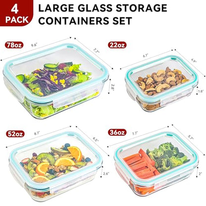 GEHE 4 Pack Large Glass Storage Containers with Airtight Lids, 78/52/36/22oz Glass Meal Prep Food Storage Containers for Baking, Storing, Leakproof, BPA Free, Microwave/Freezer/Dishwasher Safe