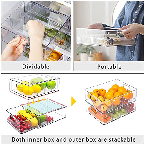 Mano Fridge Drawer Pull Out Stackable Bins with Handle Clear Refrigerator Drawers Organizer Food Storage Container Box with Dividers Plastic Produce Saver for Pantry, Cabinet, Kitchen, Clothes（4Pack） - style: 2*3L+2*6L
