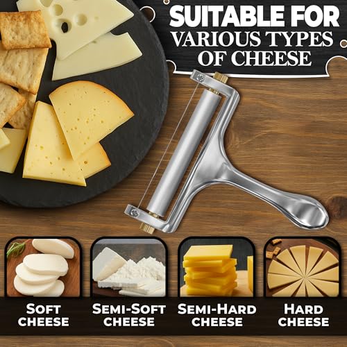 Cheese Slicer Wire - Sharp & Strong Stainless Steel Cheese Cutter Handheld with 2 Extra Wires, Slice Tickness Adjuster, Comfortable Handle & Dishwasher Safe, for Mozzarella, Cheddar & Gruyere Slicing