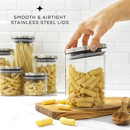 JoyJolt Kitchen Canister Set. 6 Glass Jars with Lids (Stainless Steel) Lids. Airtight Food Storage Containers for Pantry or Counter. Versatile Pantry Organization, Sugar Container or Cereal Canisters - style: Stainless Steel Covers