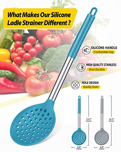 Kitchen Ladle Strainer Set of 2 Large Slotted Spoon with High Heat Resistant BPA Free Non Stick Cooking Skimmers For Draining and Frying (Grey and Teal Blue) - color: Grey and Teal Blue