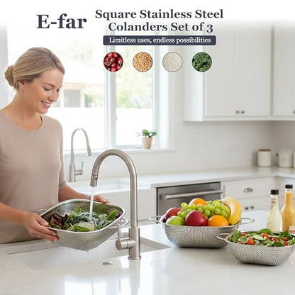 E-far 3 Pack Colander for Kitchen, Square Stainless Steel Metal Strainer Colander with Handle for Draining Food Pasta Vegetable, Micro-Perforated & Elevated Feet, Dishwasher Safe(2.4/4/6QT) - size: 2.4/4/6QT