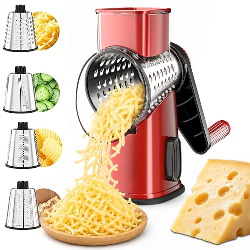 VEKAYA Rotary Cheese Grater Hand Crank with 4 Interchangeable Stainless Steel Blades, Large Manual Handle Shredder and Waffle Slicer for Vegetables, Cheese and Nuts with Table Suction Base (Red) - color: Red