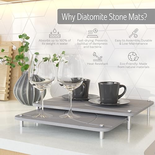 Nested Stone Drying Mat for Kitchen Counter | Large 16"x12" Dish Drying Mat plus 13"x12" Diatomaceous Earth Stone Dish Drying Mat | Expands to 29” x 12” | Premium Stone Mat (Light Gray) - color: Light Gray