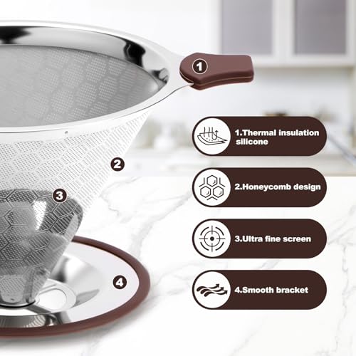 Pour Over Coffee Dripper, Stainless Steel Coffee Filter, Paperless Reusable Coffee Filter, Metal 600 Mesh Strainer Coffee Maker Single Cup Brewer (1-4 Cups) - size: 1-4 Cups