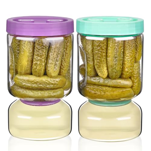ZENS Pickle Jar with Strainer Flip, 2 Pack 51oz Pickle Container for Olive Juice Separator, Anti-Slip Leakproof Glass Hourglass Jars for Storage Pickles, Jalapeno, Gifts for Mom - color: 05-Purple&Blue, size: 51oz 2pcs