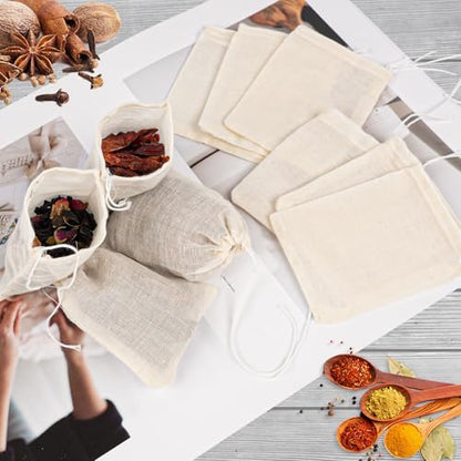 GliSun 50 Pcs Muslin Drawstring Bags Reusable Tea Bags Natural Cotton Unbleached Small Cheese Cloth Bag for Cooking Straining Soup Sachet Coffee Tea Brew Spice (4 x 3 Inches) - size: 3 x 4 inches