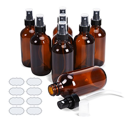 ULG Fine Mist Sprayers 4 oz Amber Boston Bound Glass Bottles 8 Pieces Empty Spray Atomizer Aromatherapy Cosmetic Sprays Including Waterproof DIY Labels - color: Amber-2