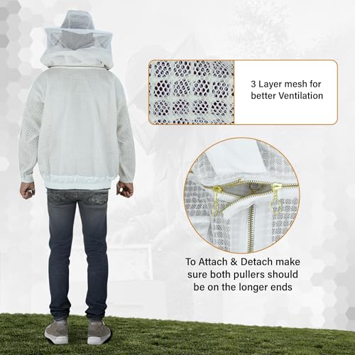 3-Layer Ventilated Mesh Bee Jacket for Men & Women with Veils Sting-Proof Beekeeping Jacket with Leather Gloves & Bag - color: White Dual Veil, size: Medium