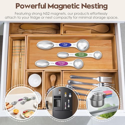 Magnetic Measuring Cups and Spoons Set – 304 Stainless Steel | Dual-sided Design | 15-Piece with Leveler | N52 Space-Saving Magnetic Nesting | Baking & Meal Prep | Kitchen Gift (Colorful) - color: Magnetic Measuring Cups and Spoons Set - Colorful