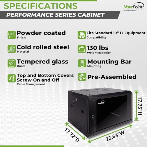 NavePoint 6U Server Cabinet Wall Mount Rack Enclosure Includes 2 Fans, Locking Glass Door, Removable Side Panels – 6U Network Cabinet 17.7” Deep, 19 Inch Server Rack for IT and A/V Equipment - size: 6U - 450mm Depth