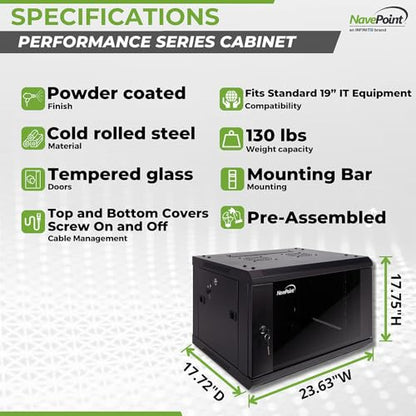 NavePoint 6U Server Cabinet Wall Mount Rack Enclosure Includes 2 Fans, Locking Glass Door, Removable Side Panels – 6U Network Cabinet 17.7” Deep, 19 Inch Server Rack for IT and A/V Equipment - size: 6U - 450mm Depth