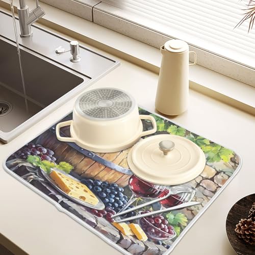 Red Wine Bottles Grapes Cheese Rustic Dish Drying Mats for Kitchen Counter Absorbent Microfiber Dish Drying Matt 16 x 18 Inch Draining Reusable Rack Pad - size: 16x18in