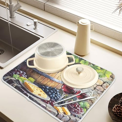 Red Wine Bottles Grapes Cheese Rustic Dish Drying Mats for Kitchen Counter, 18x24 inch Drying Dishes Absorbent Microfiber Dish Drainer Mat Rack Pad Fast Dry - size: 18x24in
