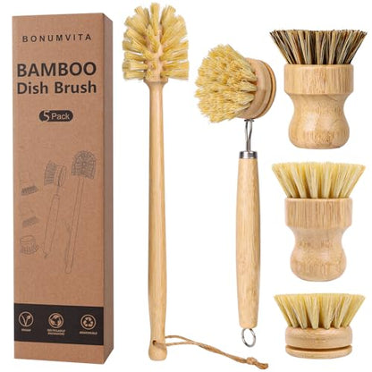 5 Pack Bamboo Dish Brush Set, Wooden Dish Brush with 14’’ Bottle Brush, Natural Kitchen Scrub Brush for Dishes Pots, Pans, Sinks, Woks, Vegetables