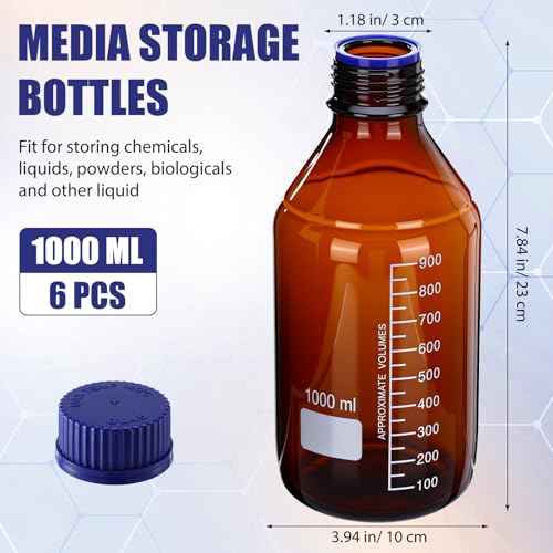Tellegloww 6 Pieces 1000 ml Reagent Media Bottles Amber Glass Graduated Round Lab Reagent Media Storage Bottle with Blue Screw Cap - size: 1000ml